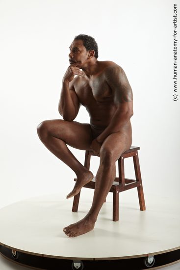 Nude Man Black Sitting poses - simple Muscular Short Black Sitting poses - ALL Realistic