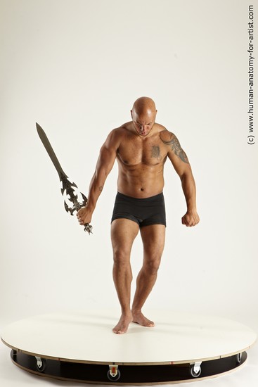 Underwear Fighting with sword Man Another Muscular Bald Multi angles poses Academic