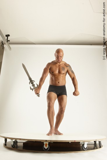 Underwear Fighting with sword Man Another Muscular Bald Multi angles poses Academic