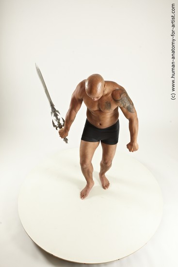 Underwear Fighting with sword Man Another Muscular Bald Multi angles poses Academic