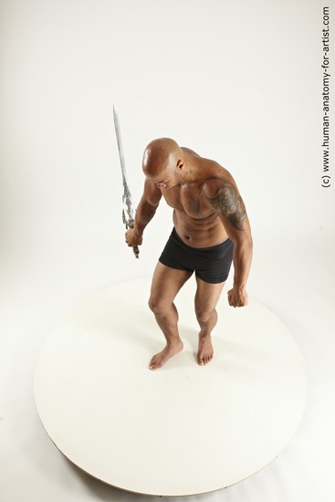 Underwear Fighting with sword Man Another Muscular Bald Multi angles poses Academic