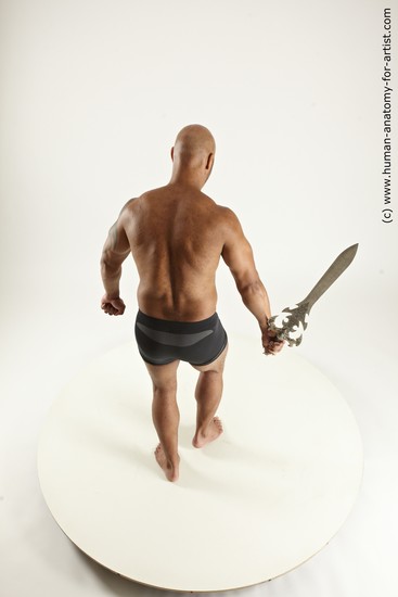 Underwear Fighting with sword Man Another Muscular Bald Multi angles poses Academic