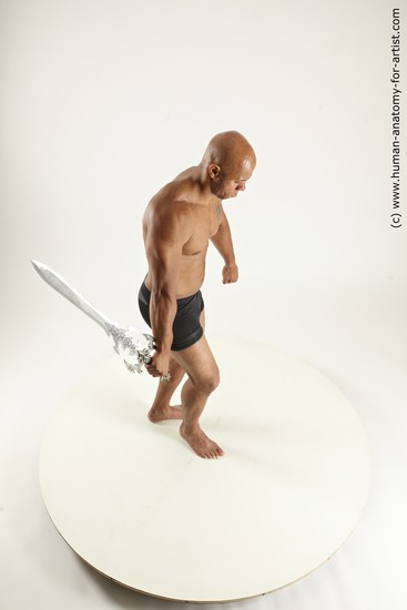 Underwear Fighting with sword Man Another Muscular Bald Multi angles poses Academic