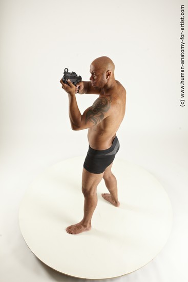 Underwear Fighting with gun Man Black Sitting poses - simple Muscular Bald Sitting poses - ALL Multi angles poses Academic