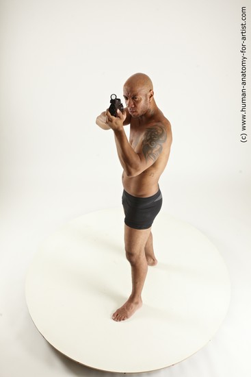 Underwear Fighting with gun Man Black Sitting poses - simple Muscular Bald Sitting poses - ALL Multi angles poses Academic