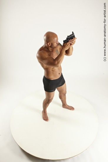 Underwear Fighting with gun Man Black Sitting poses - simple Muscular Bald Sitting poses - ALL Multi angles poses Academic