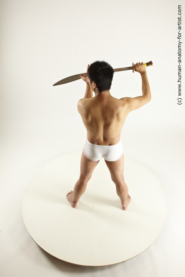 Underwear Fighting with sword Man Asian Slim Short Black Multi angles poses Academic