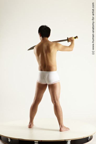 Underwear Fighting with sword Man Asian Slim Short Black Multi angles poses Academic