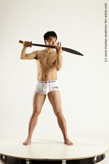 Underwear Fighting with sword Man Asian Slim Short Black Multi angles poses Academic