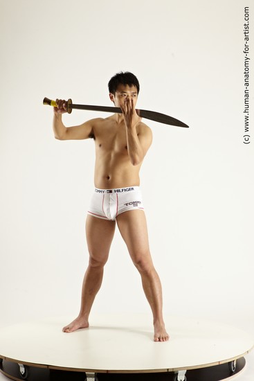 Underwear Fighting with sword Man Asian Slim Short Black Multi angles poses Academic