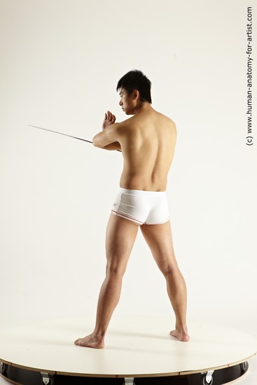 Underwear Fighting with sword Man Asian Slim Short Black Multi angles poses Academic