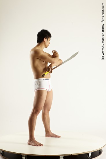 Underwear Fighting with sword Man Asian Slim Short Black Multi angles poses Academic