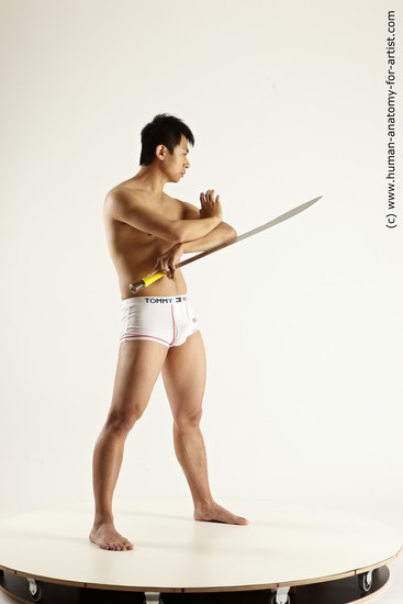 Underwear Fighting with sword Man Asian Slim Short Black Multi angles poses Academic