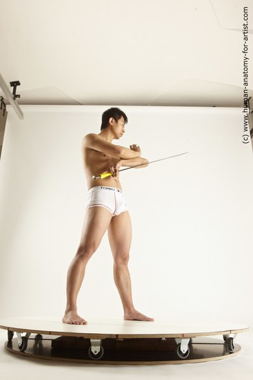 Underwear Fighting with sword Man Asian Slim Short Black Multi angles poses Academic