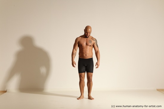 Underwear Gymnastic poses Man Black Muscular Bald Dancing Dynamic poses Academic