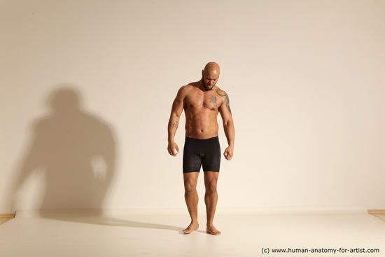 Underwear Gymnastic poses Man Black Muscular Bald Dancing Dynamic poses Academic