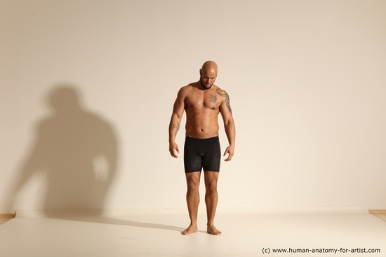 Underwear Gymnastic poses Man Black Muscular Bald Dancing Dynamic poses Academic