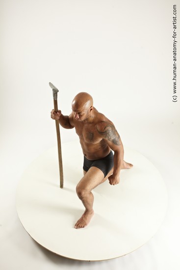 Underwear Fighting Man Black Muscular Bald Multi angles poses Academic