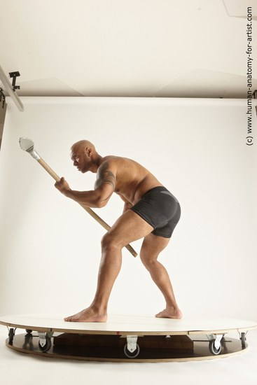 Underwear Fighting Man Black Muscular Bald Multi angles poses Academic