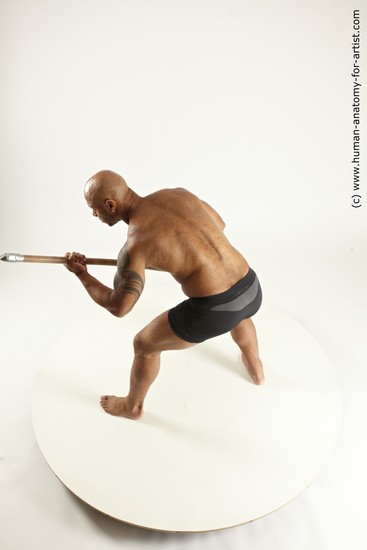 Underwear Fighting Man Black Muscular Bald Multi angles poses Academic