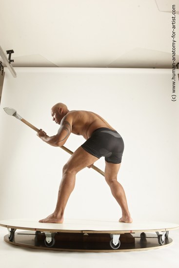 Underwear Fighting Man Black Muscular Bald Multi angles poses Academic