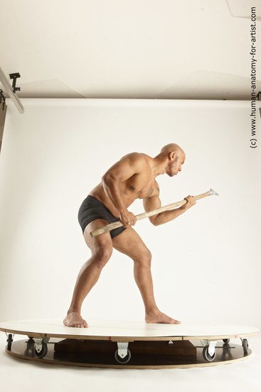 Underwear Fighting Man Black Muscular Bald Multi angles poses Academic