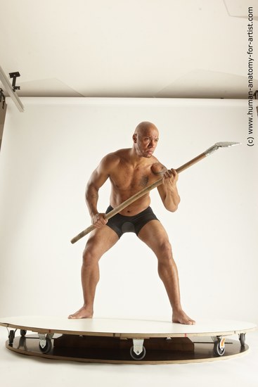 Underwear Fighting Man Black Muscular Bald Multi angles poses Academic