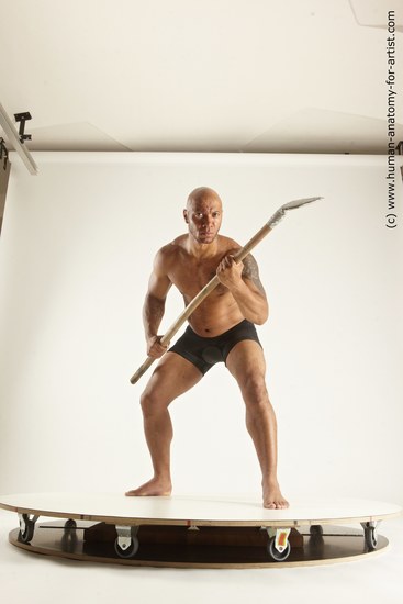 Underwear Fighting Man Black Muscular Bald Multi angles poses Academic