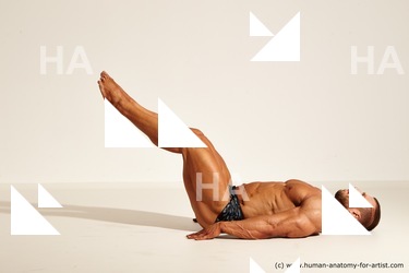 Underwear Gymnastic poses Man White Laying poses - ALL Muscular Short Brown Laying poses - on back Dynamic poses Academic