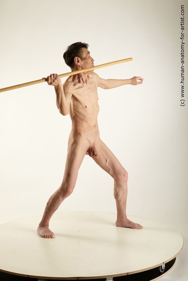 Nude Fighting with spear Man Asian Slim Short Black Standard Photoshoot Realistic