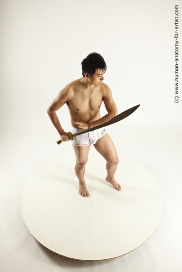 Underwear Fighting with sword Man Asian Standing poses - ALL Slim Short Black Standing poses - simple Multi angles poses Academic