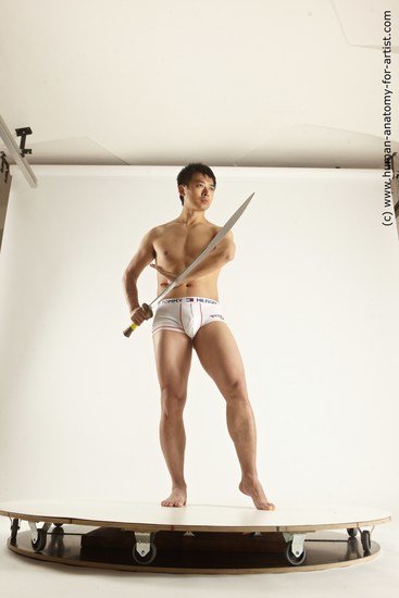 Underwear Fighting with sword Man Asian Standing poses - ALL Slim Short Black Standing poses - simple Multi angles poses Academic