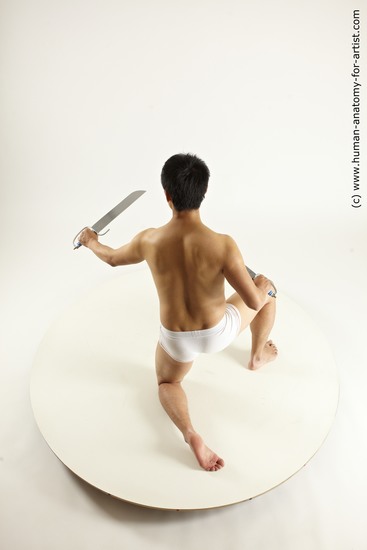 Underwear Fighting with sword Man Asian Slim Short Black Dynamic poses Academic