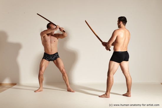 Underwear Fighting with spear Man - Man White Moving poses Muscular Short Brown Dynamic poses Academic