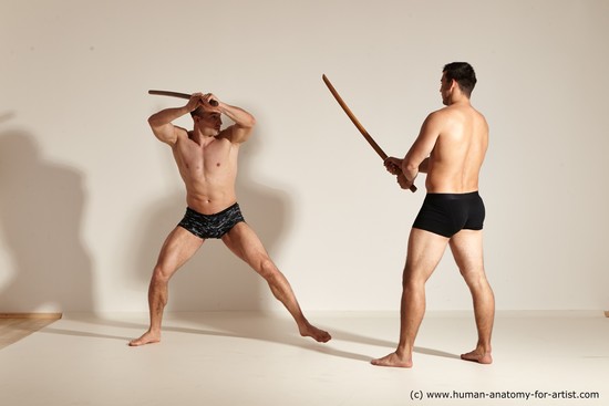 Underwear Fighting with spear Man - Man White Moving poses Muscular Short Brown Dynamic poses Academic