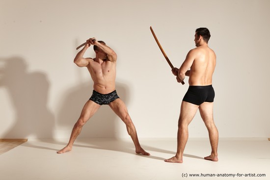 Underwear Fighting with spear Man - Man White Moving poses Muscular Short Brown Dynamic poses Academic