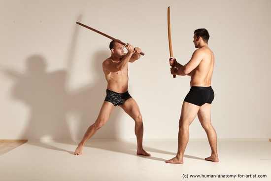 Underwear Fighting with spear Man - Man White Moving poses Muscular Short Brown Dynamic poses Academic