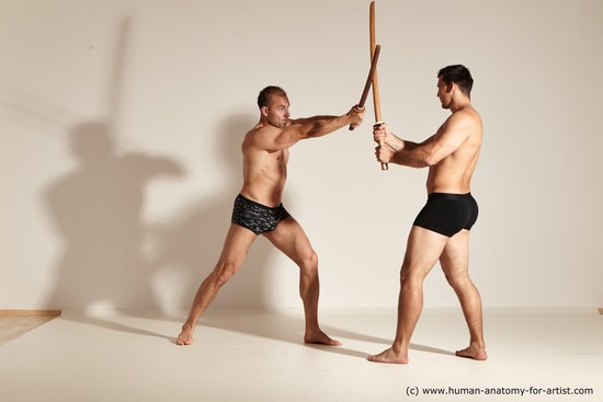 Underwear Fighting with spear Man - Man White Moving poses Muscular Short Brown Dynamic poses Academic