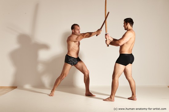 Underwear Fighting with spear Man - Man White Moving poses Muscular Short Brown Dynamic poses Academic