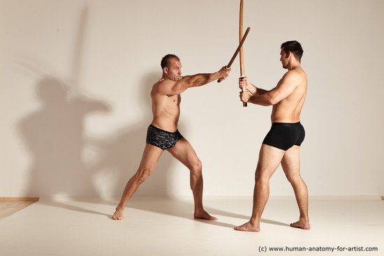 Underwear Fighting with spear Man - Man White Moving poses Muscular Short Brown Dynamic poses Academic