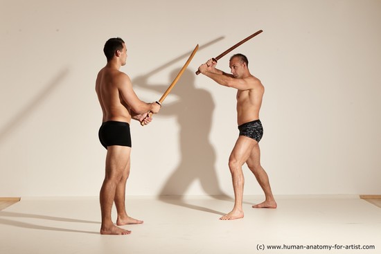 Underwear Fighting with spear Man - Man White Moving poses Muscular Short Brown Dynamic poses Academic