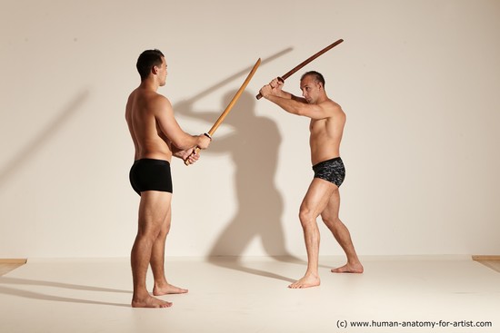 Underwear Fighting with spear Man - Man White Moving poses Muscular Short Brown Dynamic poses Academic