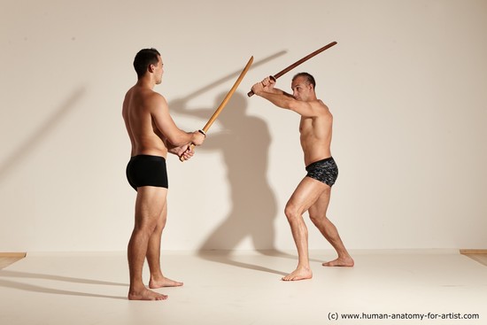 Underwear Fighting with spear Man - Man White Moving poses Muscular Short Brown Dynamic poses Academic