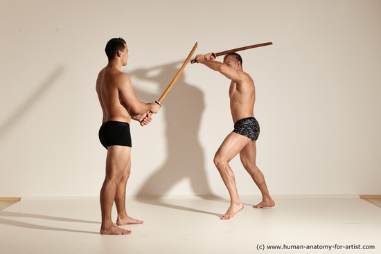 Underwear Fighting with spear Man - Man White Moving poses Muscular Short Brown Dynamic poses Academic