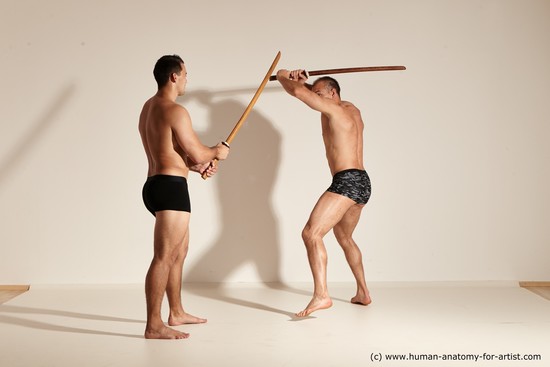 Underwear Fighting with spear Man - Man White Moving poses Muscular Short Brown Dynamic poses Academic