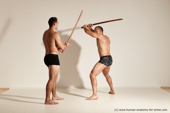 Underwear Fighting with spear Man - Man White Moving poses Muscular Short Brown Dynamic poses Academic