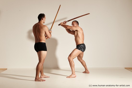 Underwear Fighting with spear Man - Man White Moving poses Muscular Short Brown Dynamic poses Academic