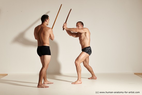 Underwear Fighting with spear Man - Man White Moving poses Muscular Short Brown Dynamic poses Academic