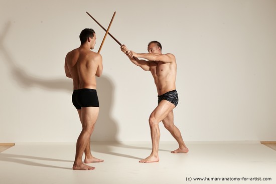 Underwear Fighting with spear Man - Man White Moving poses Muscular Short Brown Dynamic poses Academic