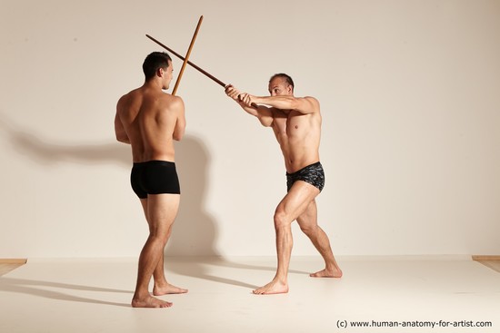 Underwear Fighting with spear Man - Man White Moving poses Muscular Short Brown Dynamic poses Academic